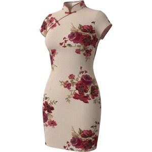Floral Cheongsam Qipao Dress Mandarin Collar Beige Red Short Sleeve Mini